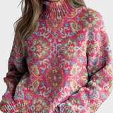 Lucy | Pulover Etno Floral Retro cu Guler Înalt