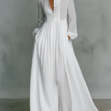 Crina | Rochie Maxi Minimalistă din Bumbac și In cu Patchwork, Gât Înalt și Mâneci Lungi