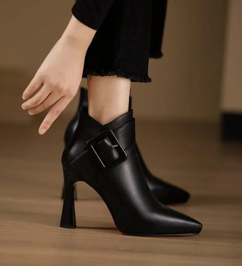 Luminita | Botine din piele premium cu cataramă laterală și toc cui