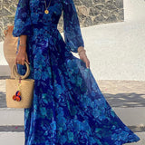 Aura | Rochie lungă cu imprimeu floral și mâneci off-the-shoulder
