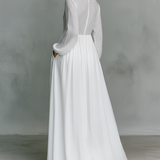 Crina | Rochie Maxi Minimalistă din Bumbac și In cu Patchwork, Gât Înalt și Mâneci Lungi