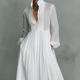 Crina | Rochie Maxi Minimalistă din Bumbac și In cu Patchwork, Gât Înalt și Mâneci Lungi